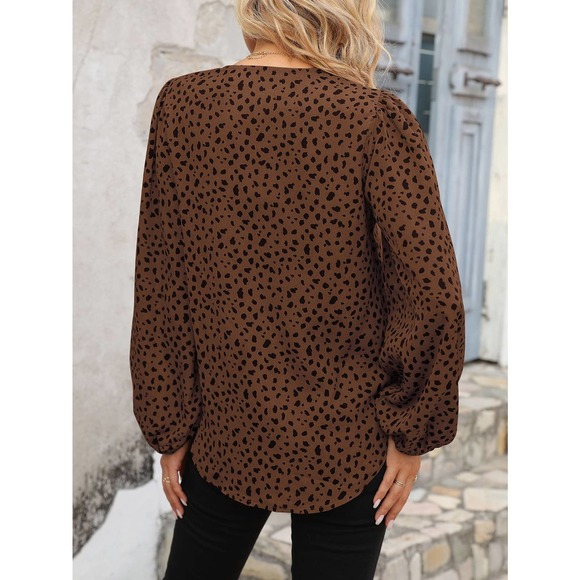 Leopard Print long sleeve v neck Lantern Sleeve Blouse boho tan black - Picture 9 of 11